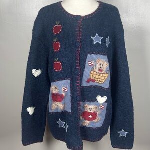 Vintage Croft & Barrow USA Patriotic Teddy Bears Teacher Cardigan Sweater Sz XL